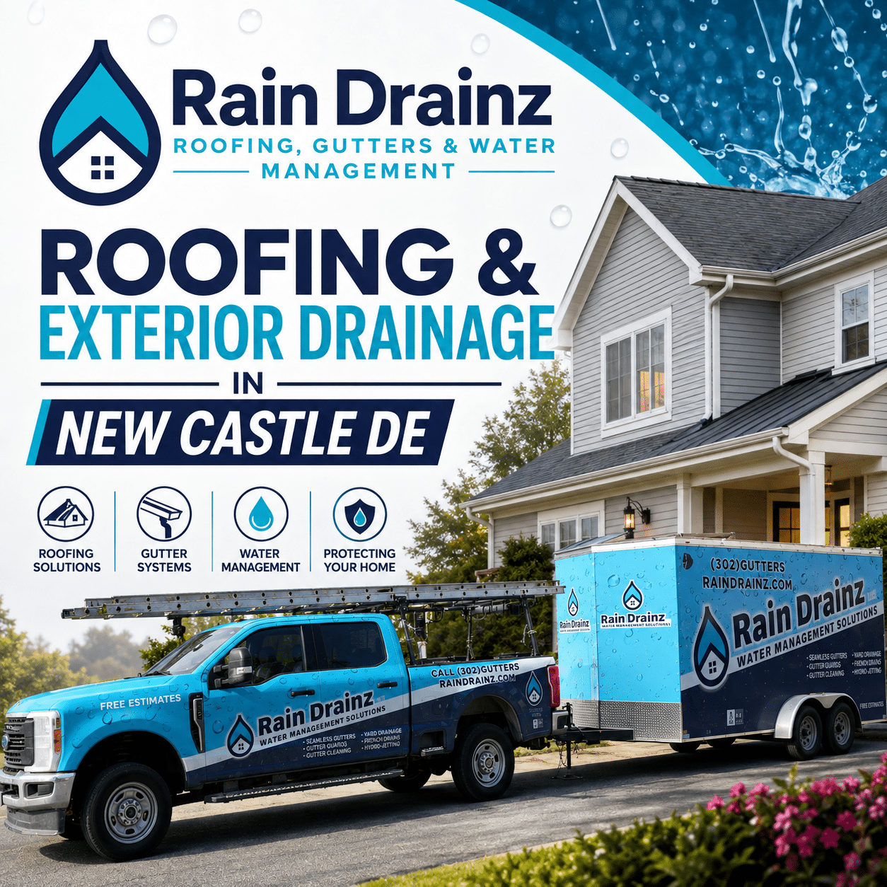 Rain Drainz truck at a residential home offering services for Roofing & Exterior Drainage in New Castle DE.