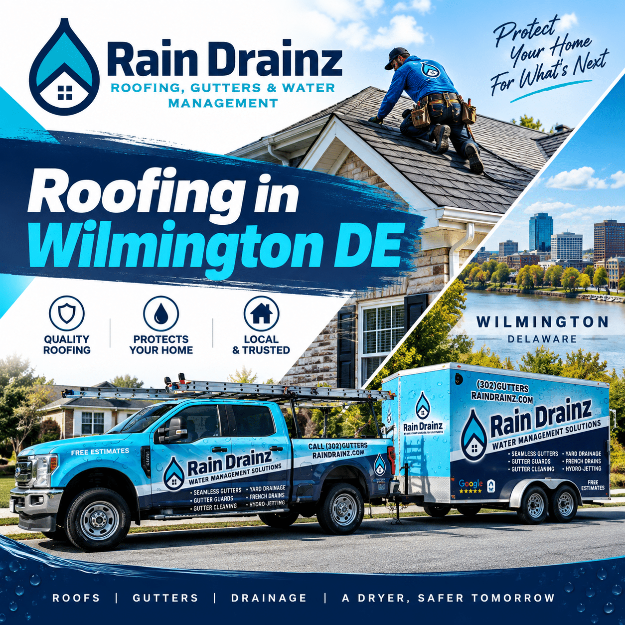 Promo ad featuring a branded truck and crew for Roofing in Wilmington DE by Rain Drainz.