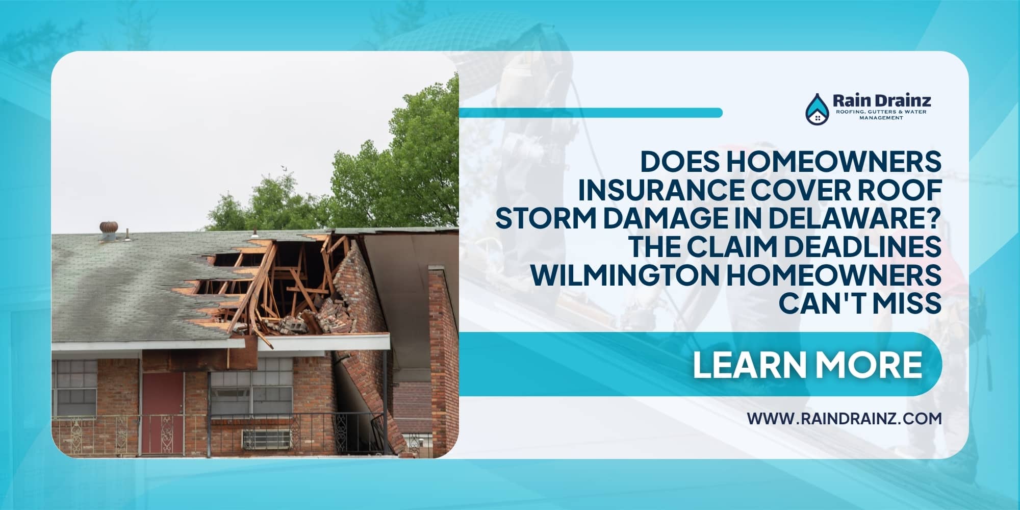Severely damaged roof header graphic for a guide on does homeowners insurance cover roof damage in Delaware