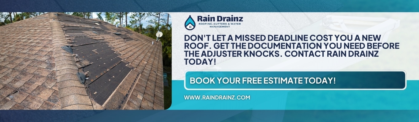 Storm-damaged roof banner offering a free roofing estimate from Rain Drainz in Wilmington, Delaware