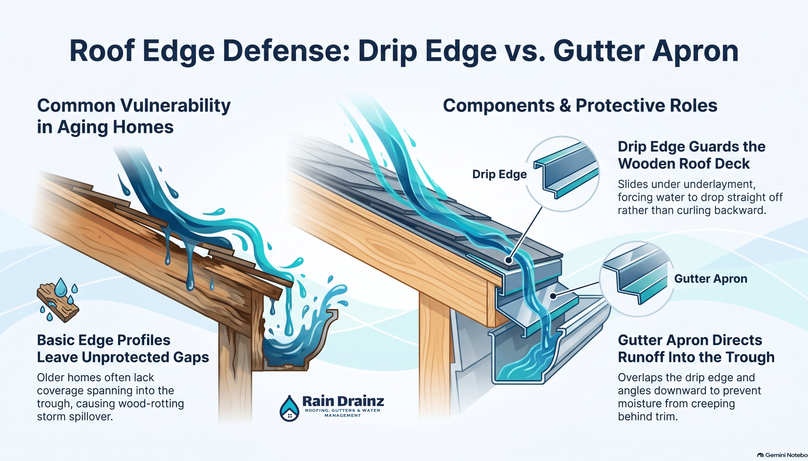Infographic showing drip edge vs gutter apron to stop water behind gutters