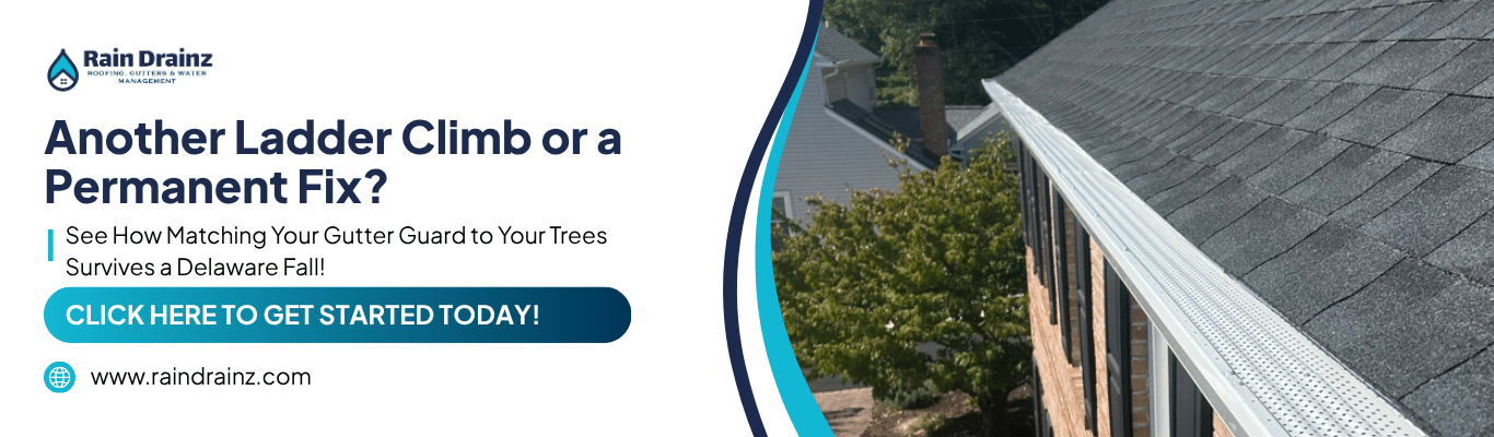 Banner for Rain Drainz exploring gutter guards pros and cons to help Delaware homes avoid ladder climbs