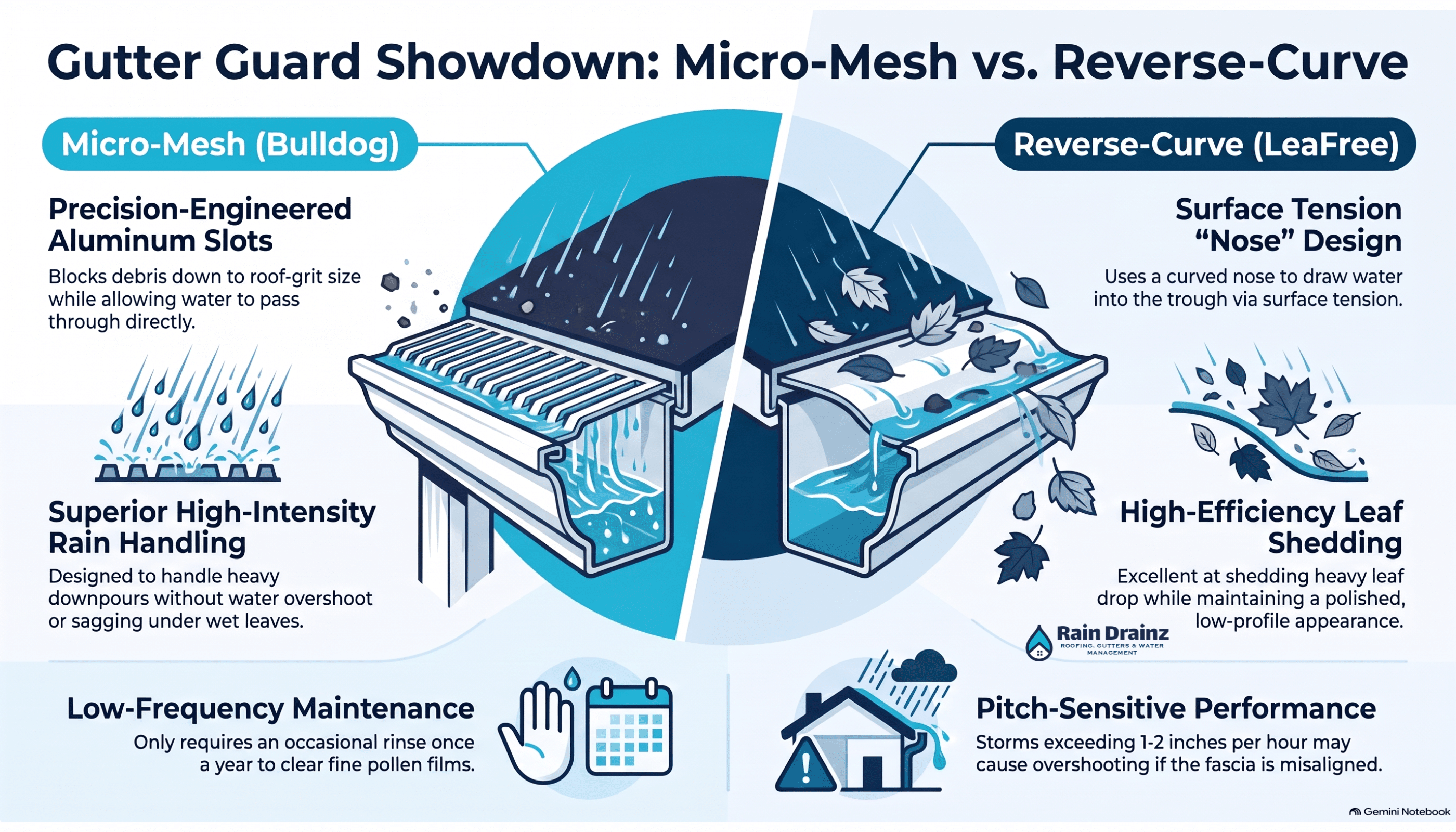 Infographic comparing micro-mesh and reverse-curve designs to help weigh gutter guards pros and cons