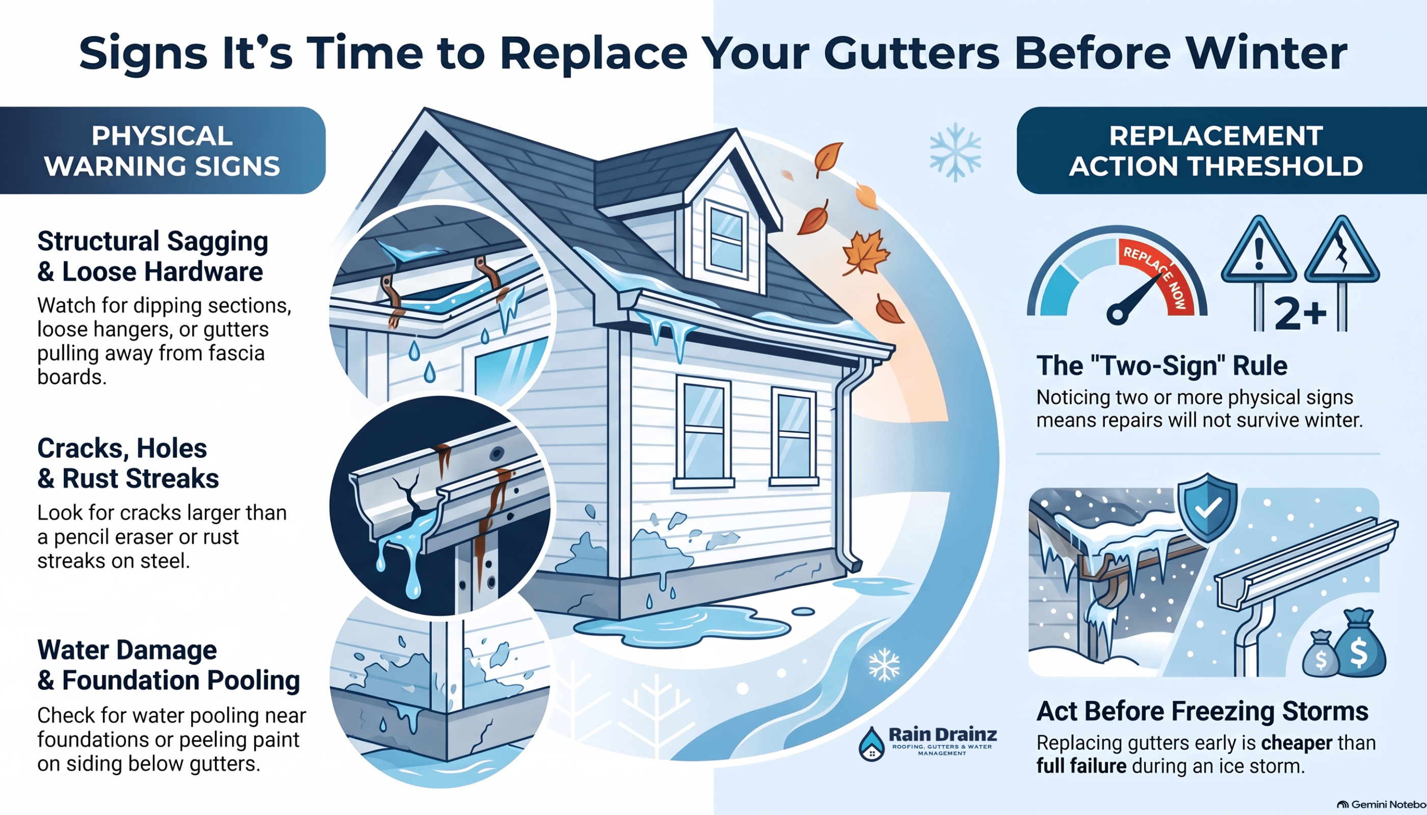 Infographic on winter replacement signs and how long do gutters last