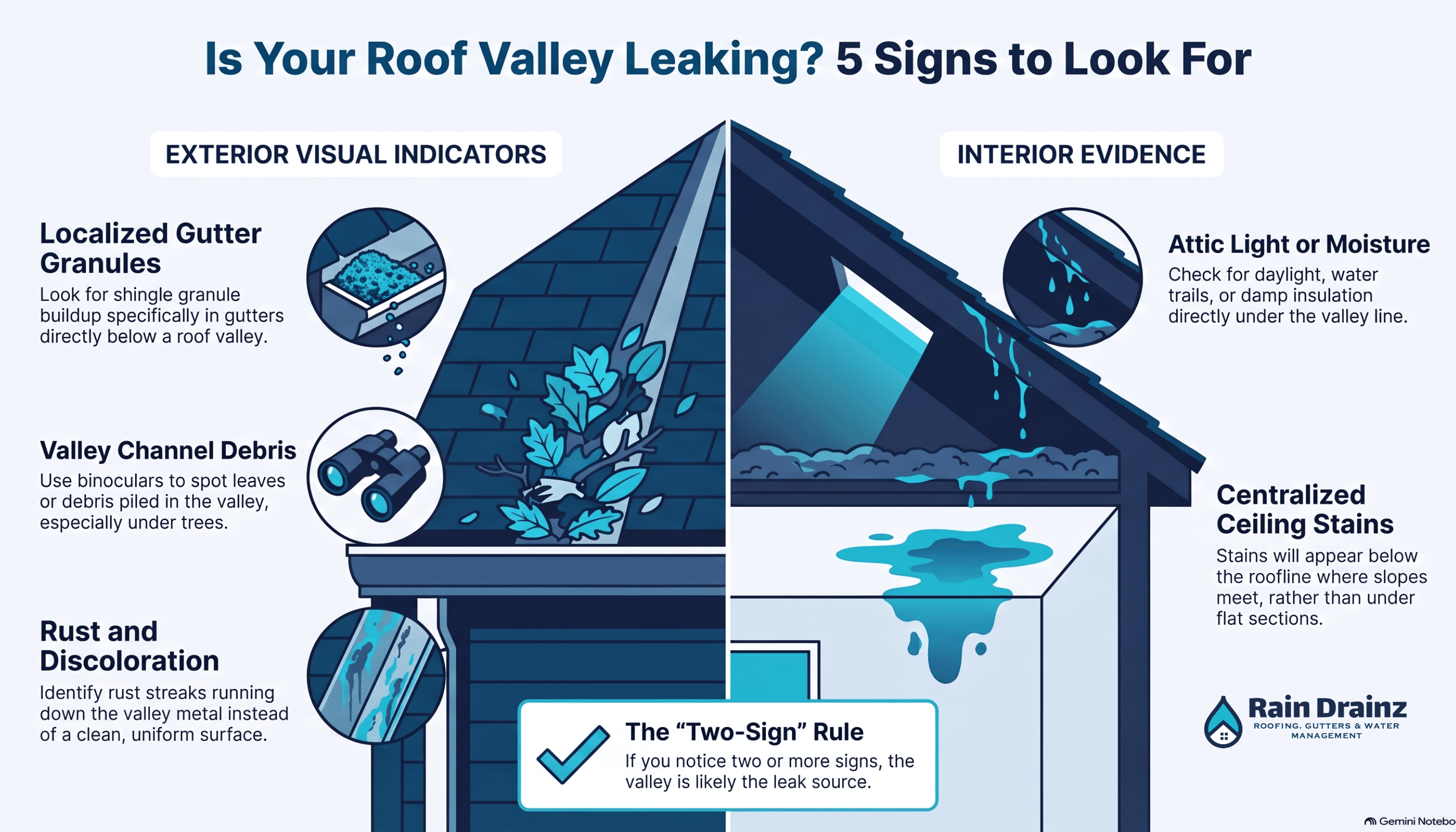 Infographic showing 5 exterior and interior signs to spot a roof valley leak, including ceiling stains