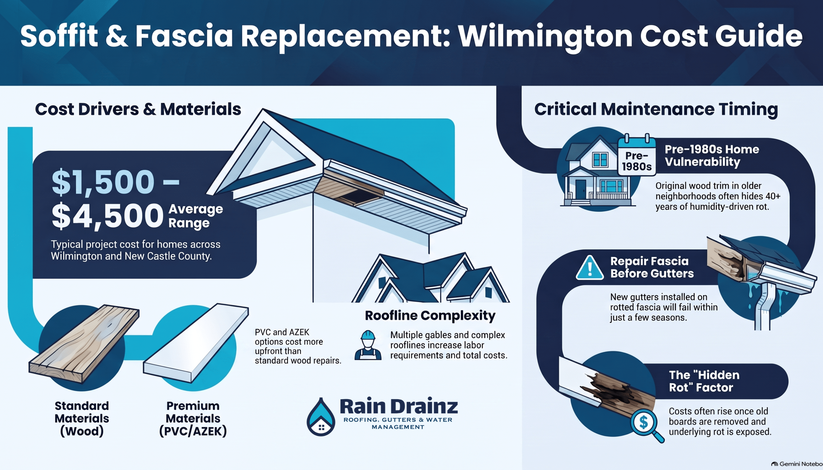 Infographic detailing Wilmington soffit replacement cost, material options, and hidden rot factors